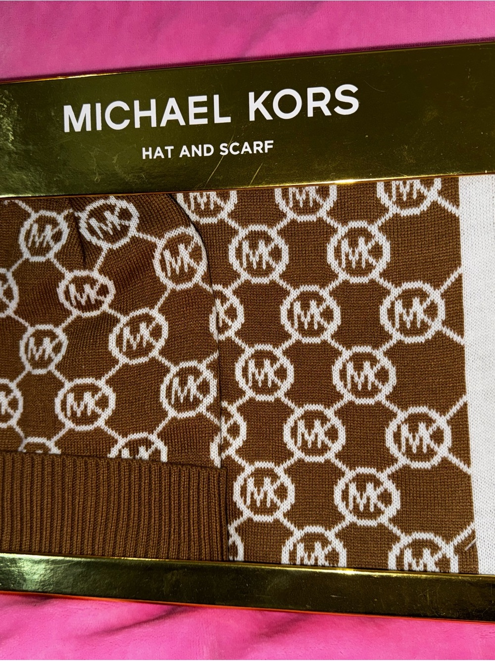 Michael Kors Brown and White MK Logo Knit Hat & Scarf Set